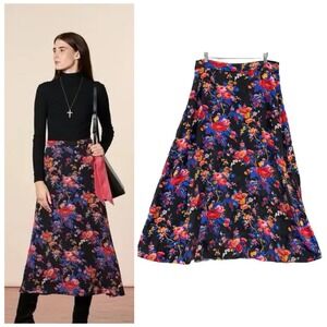 Souleiado AIMEE "Les Jardins de Saint Rémy" Skirt Size 44 Black Floral 100% Silk